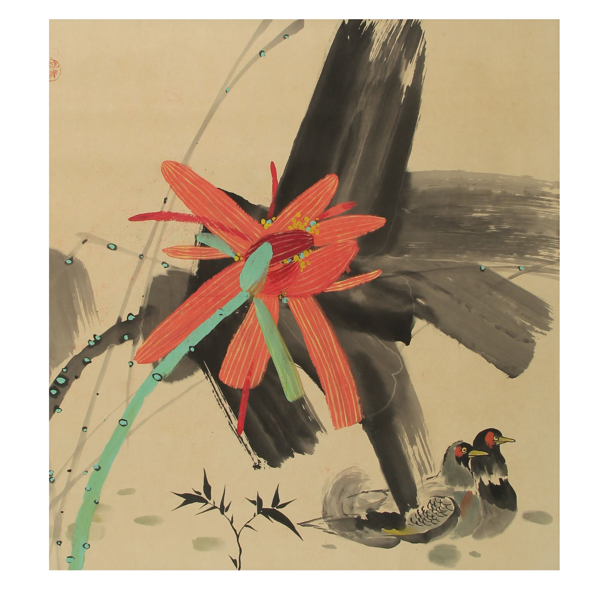 LOT.006 黄牛 荷花 纸本镜片 68*69cm 519