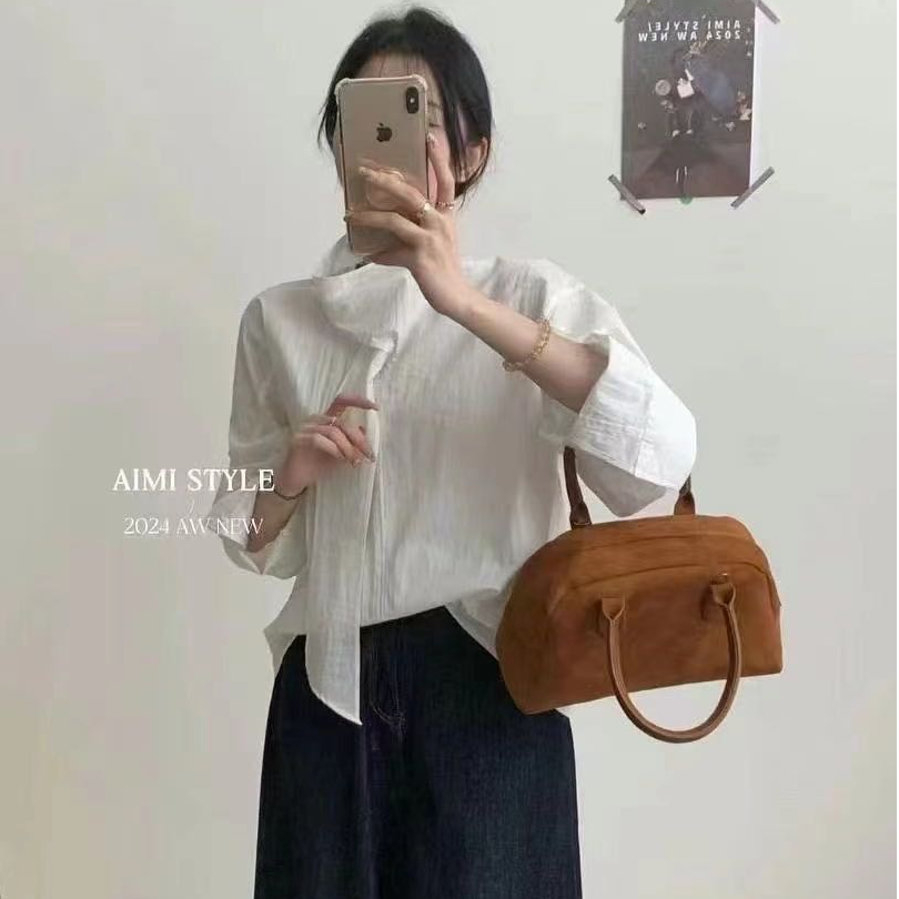 小衫时尚百搭简约气质夏季小众宽松韩版显瘦复古圆领设计感白色