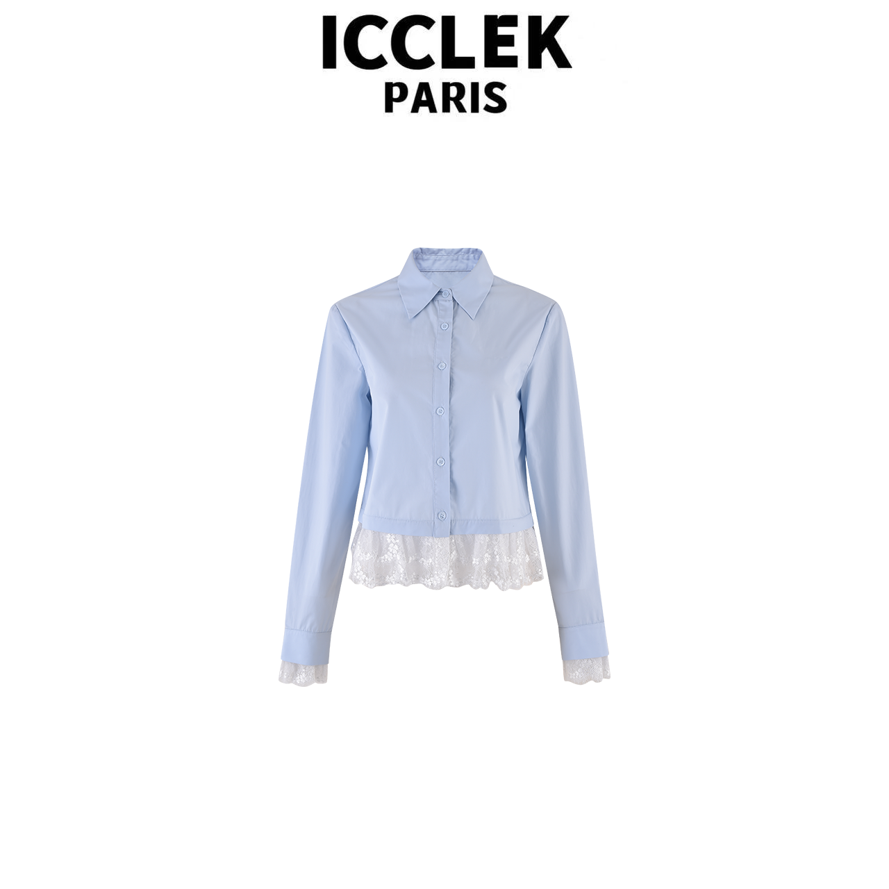 ICCLEK 天蓝色蕾丝拼接衬衣百褶设计感洋气秋冬减龄气质衬衫-5171