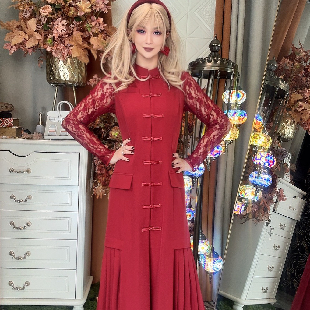 新款法式温柔风旗袍蕾丝连衣裙女气质新中式长裙