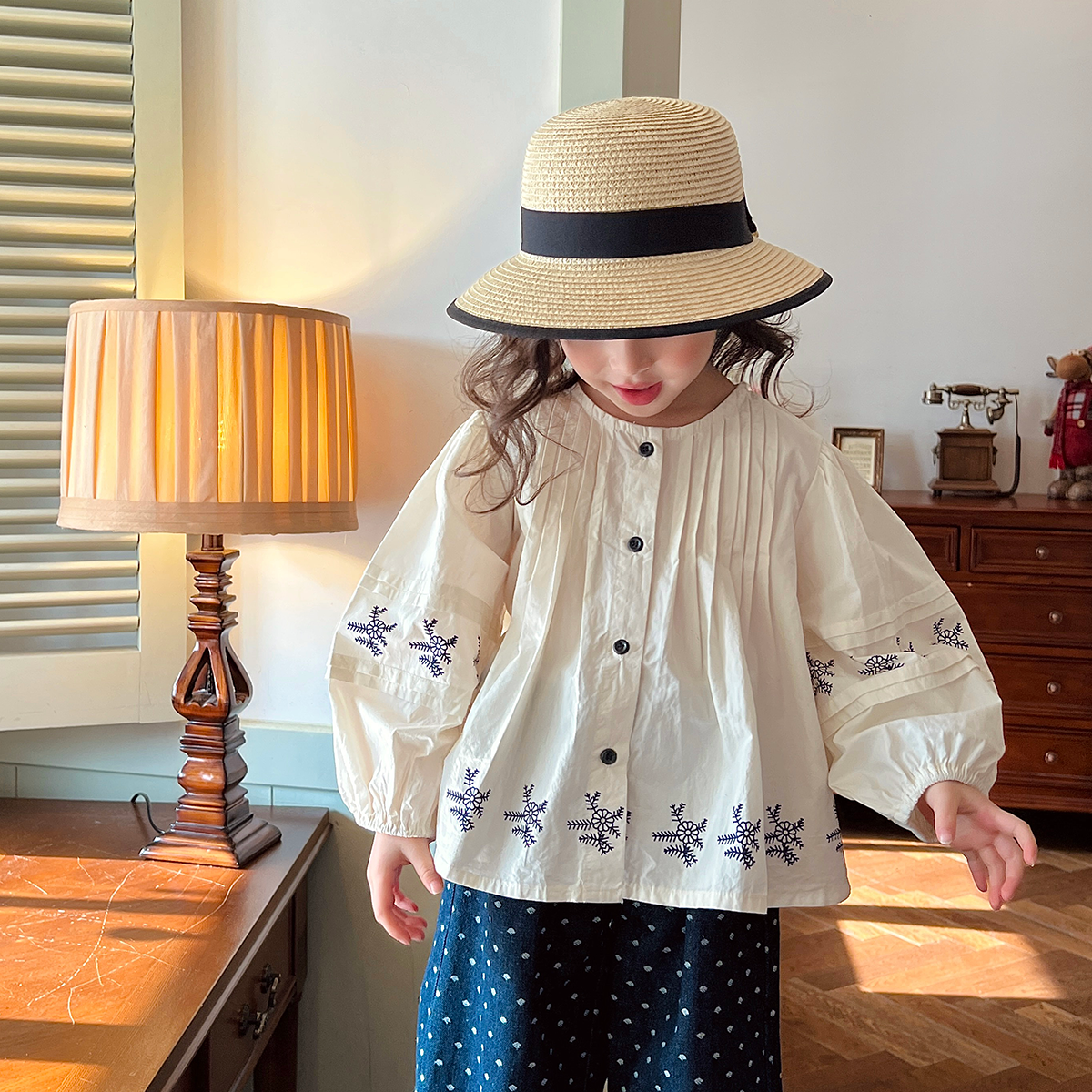 现货【时娅】100棉3195女童春装洋气法式复古女宝娃娃衫长袖衬衫