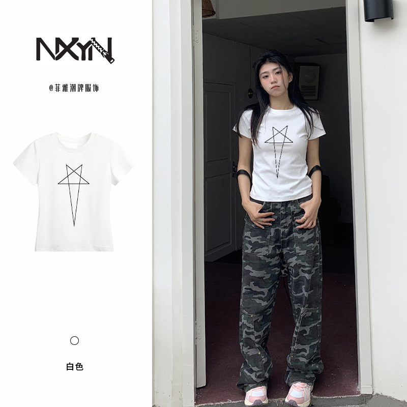 NXYN夏季女生短袖T恤2025新款五芒星印花时尚休闲百搭显瘦修身t恤