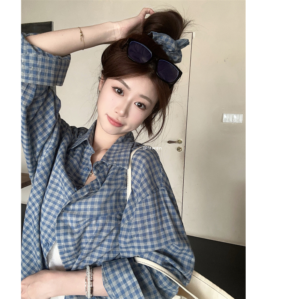 格子衬衫外套女秋季2025新款甜美宽松衬衣长袖休闲上衣赠送头花