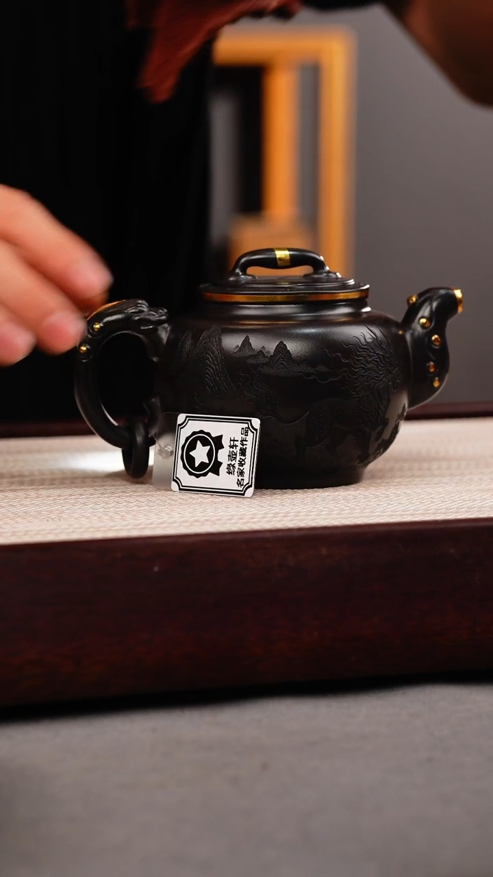 茶杯紫砂石黄 如意鼓壶麒麟 描金