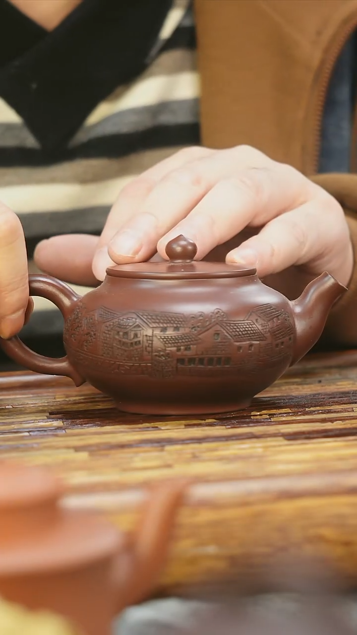 茶壶紫砂老紫泥江南水乡刻绘多只