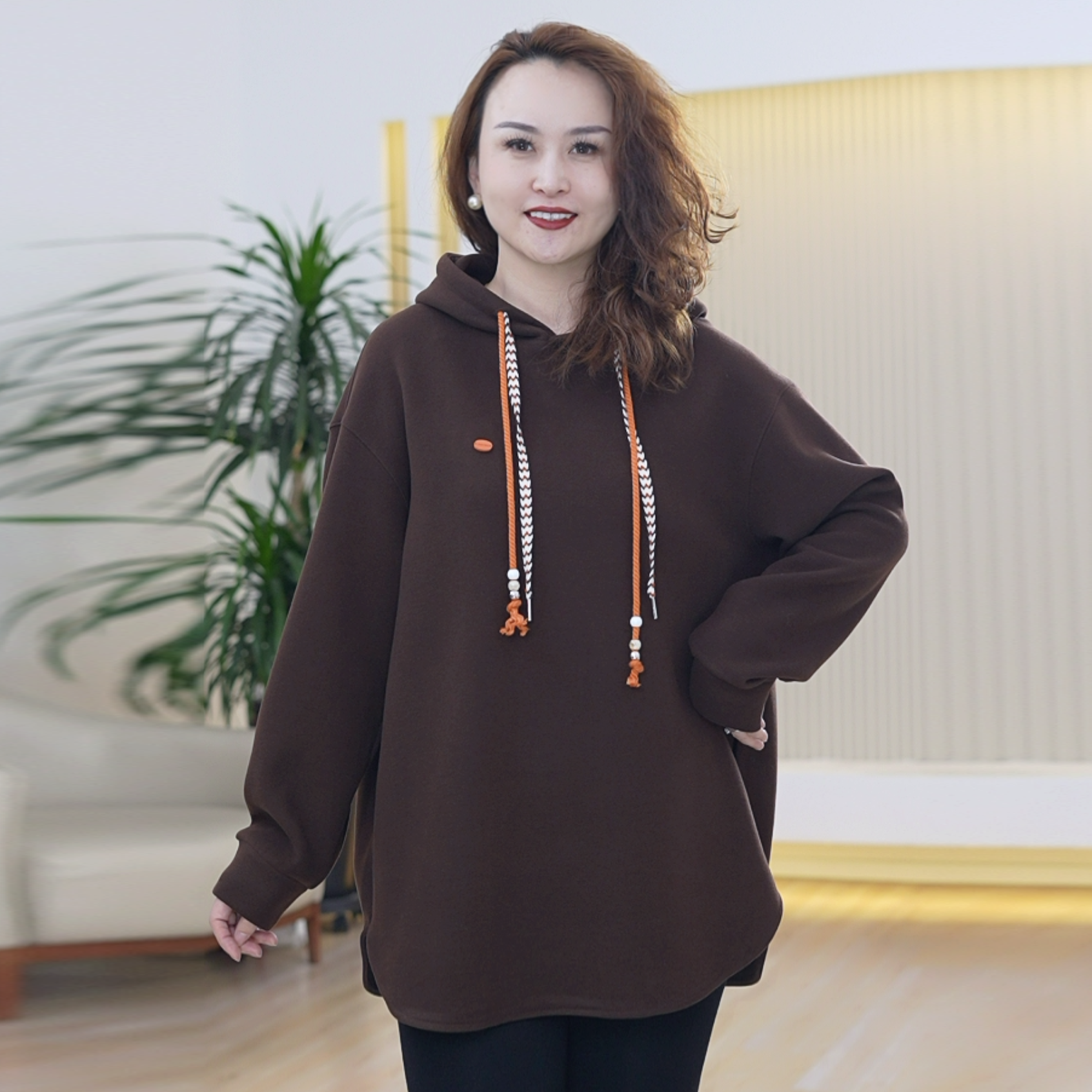 天丝羊毛双面绒中长款卫衣裙连帽双抽绳大码韩版保暖秋冬季上衣女