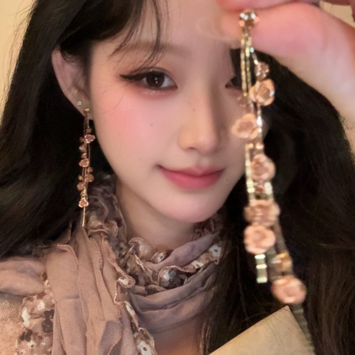 铜合金耳饰 干枯红玫瑰流苏耳钉网红时尚超仙耳环长款设计感耳饰