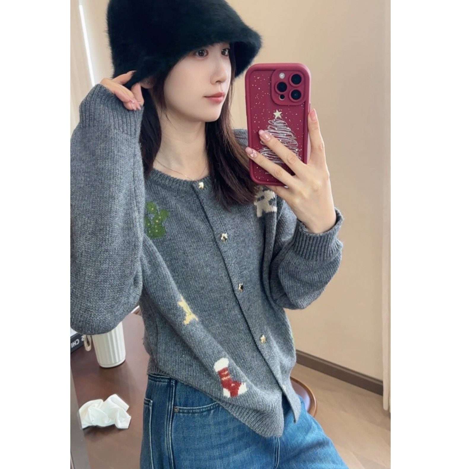 Y.M | 圣诞日 Merry Christmas韩系设计感浣熊系列开衫毛衣4178