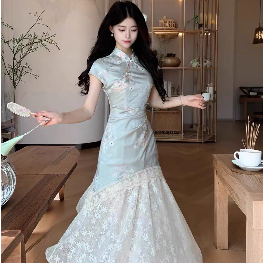 月魄霜英 国风侧开叉改良旗袍新中式拼接蕾丝摆印花旗袍