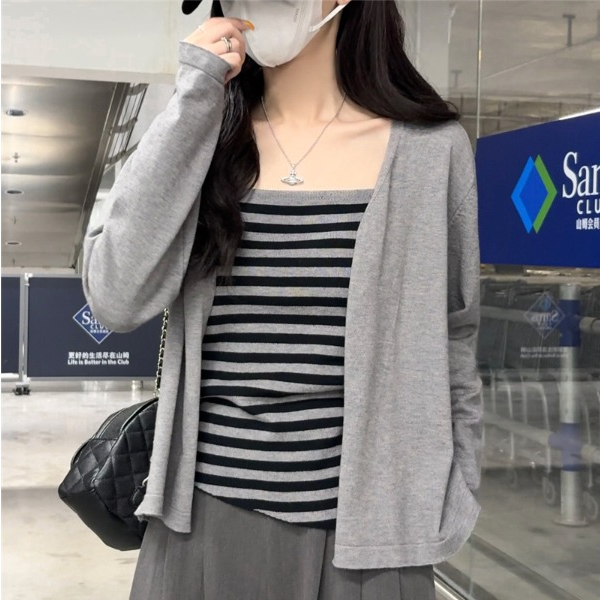 (开衫+背心)2件套灰色条纹吊带背心慵懒风开衫夏季薄款外套内搭