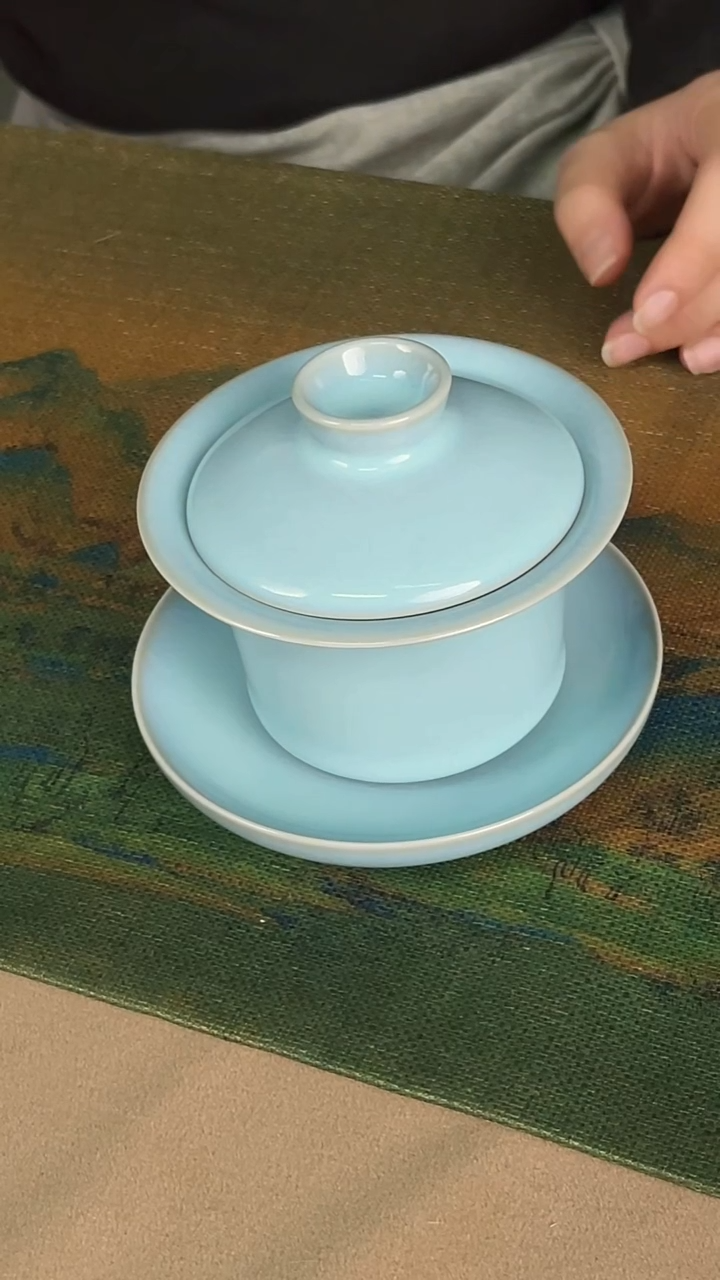 盖碗瓷韩红 天青釉 马蹄盖碗