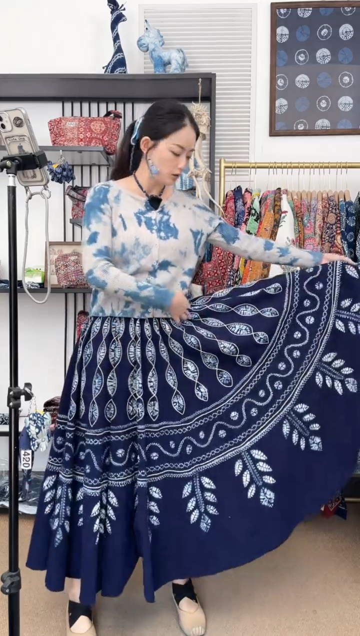 【闪购商品】孔雀花白族非遗手工扎染大摆裙90cm