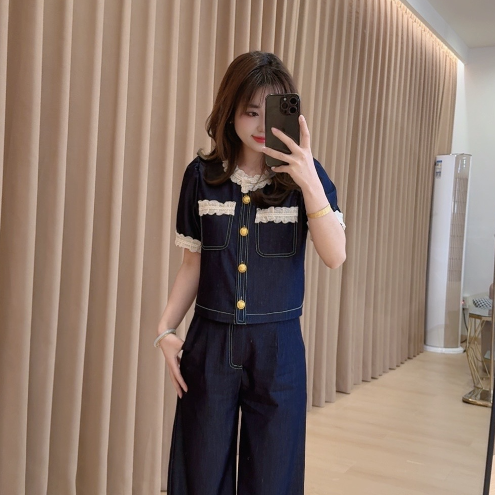 奈奈妮【虚似记忆】时尚套装上衣蕾丝拼接短袖窄版直筒裤两件套9068