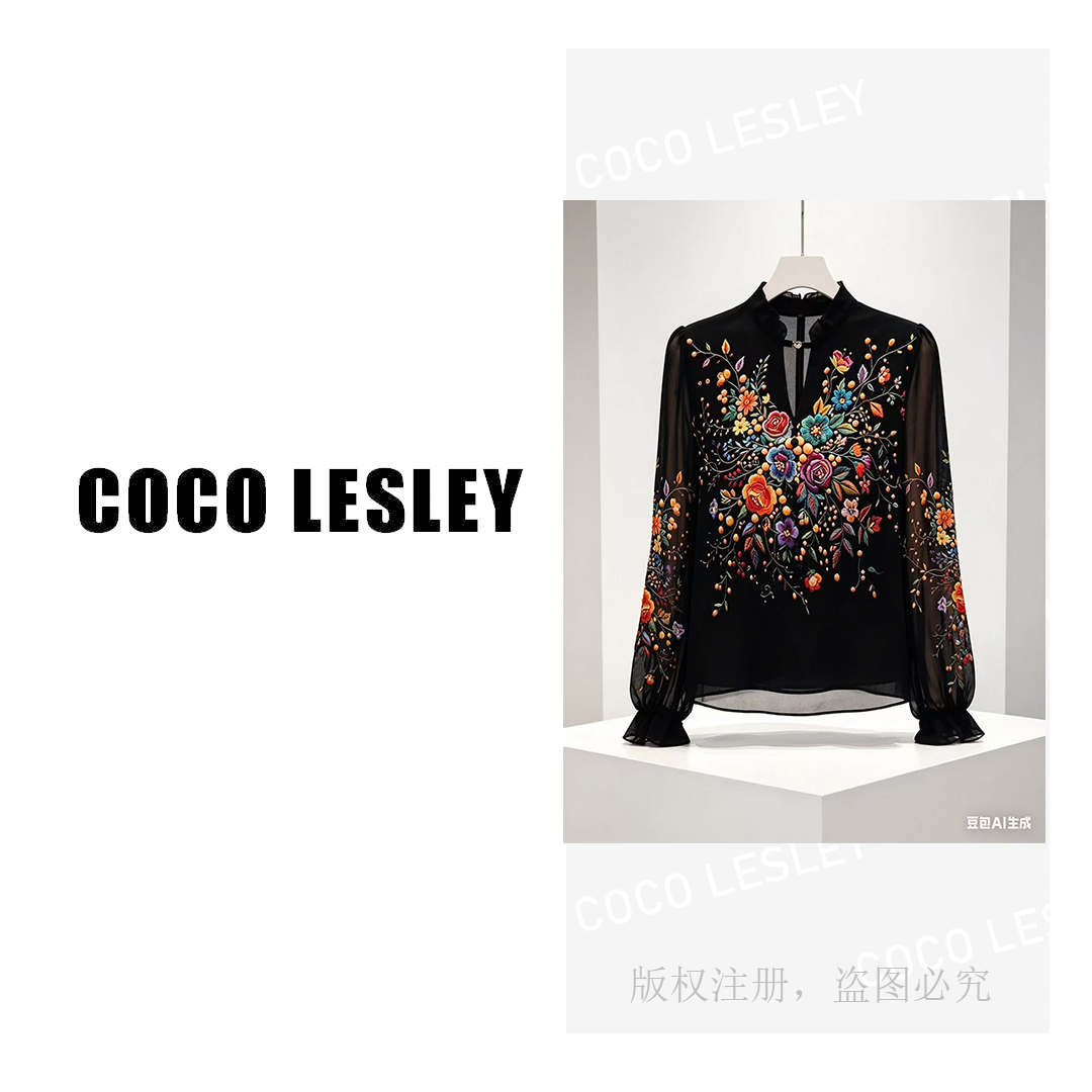 【coco Lesley】琉璃双皱丝洋气时尚百搭休闲气质女士印花小衫#9239