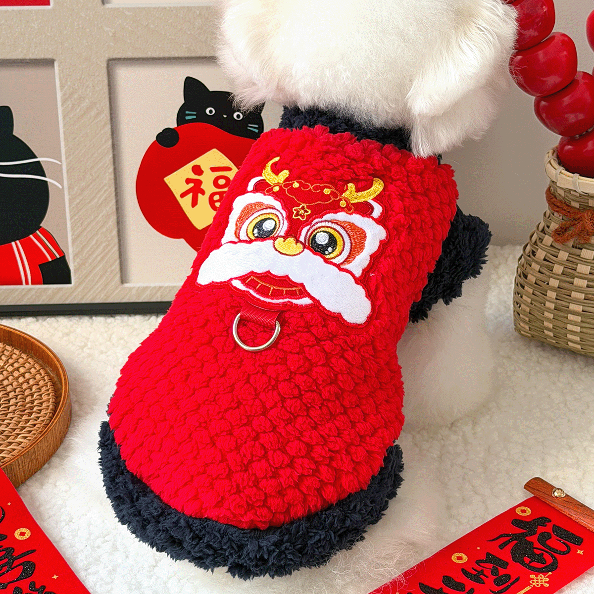 新年款冬装保暖喜庆醒狮流苏宠物狗狗猫咪衣服国风刺绣新年装唐装