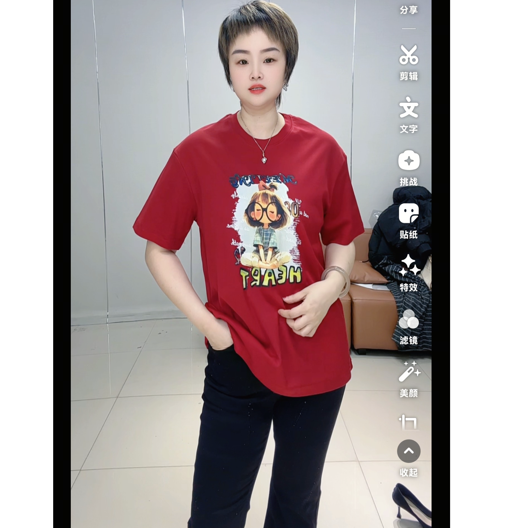 小施家时尚休闲百搭卡通图减龄显瘦大版T恤8852