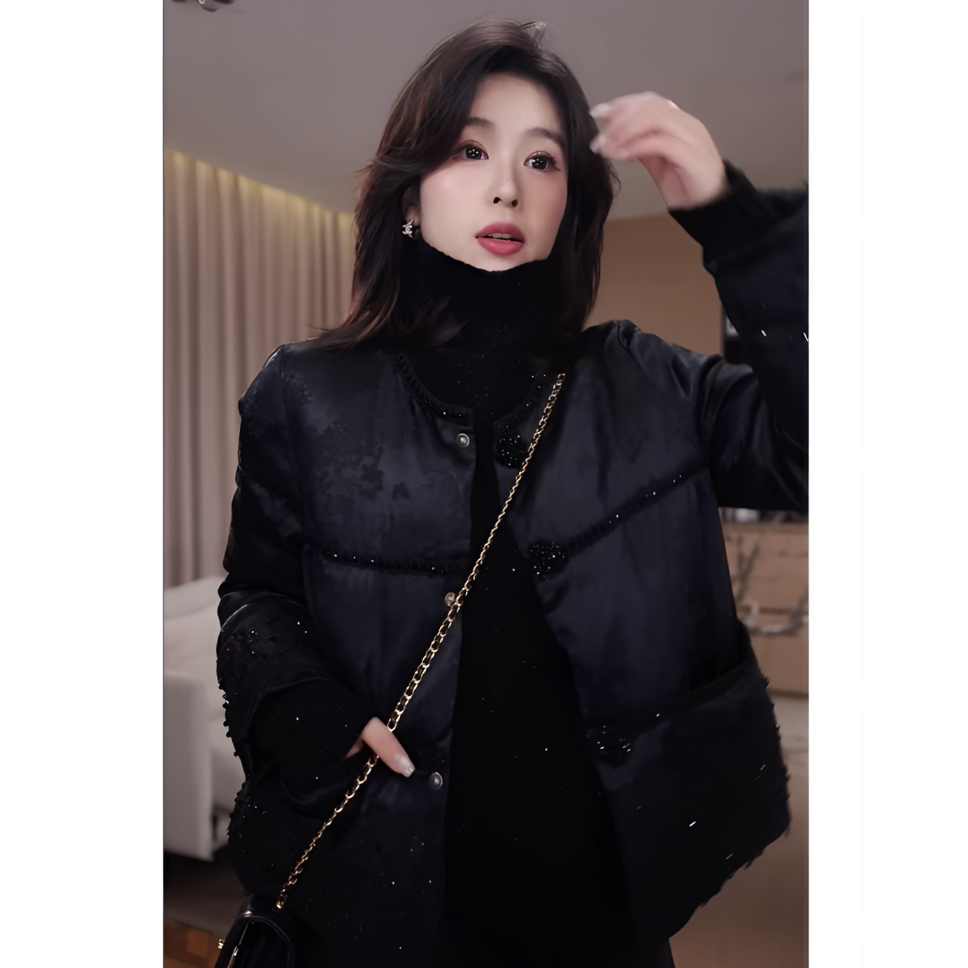 广州琴姐【暗夜花叙】90白鹅绒黑色短款保暖国风羽绒服外套女冬季92