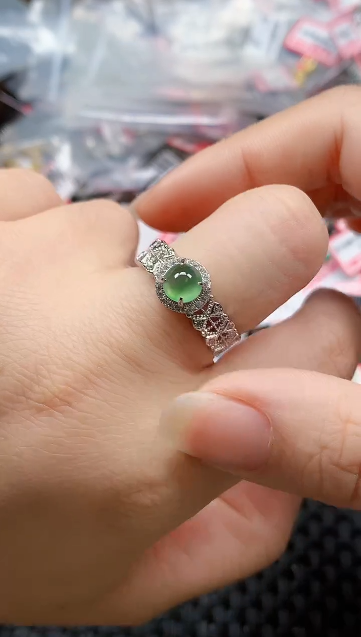 银S925镶嵌戒指翡翠天然A货缅甸翡翠
