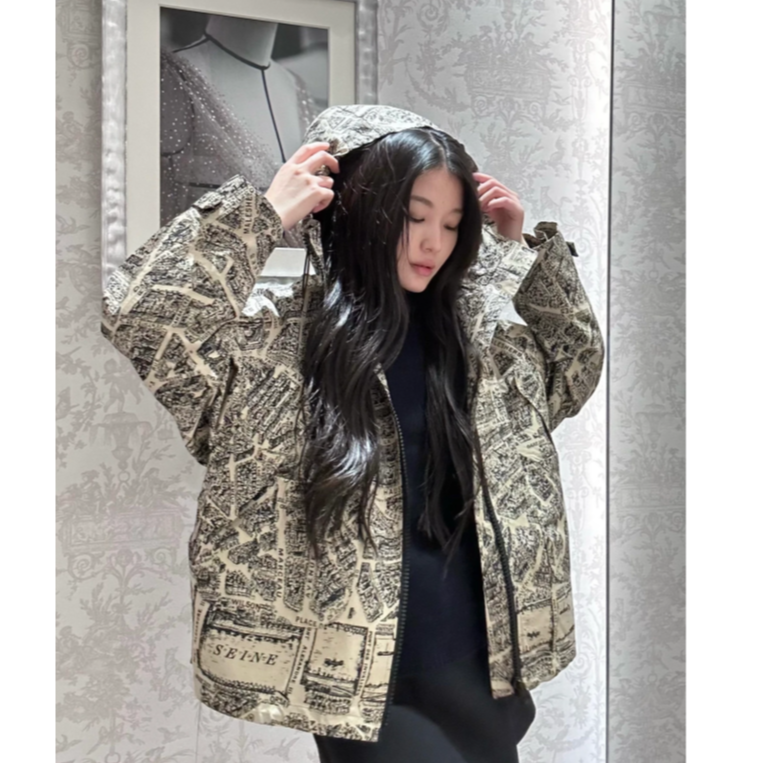 未使用 DIOR/迪奥 汤/P245723909/棕色城市地图图案连帽外套 M