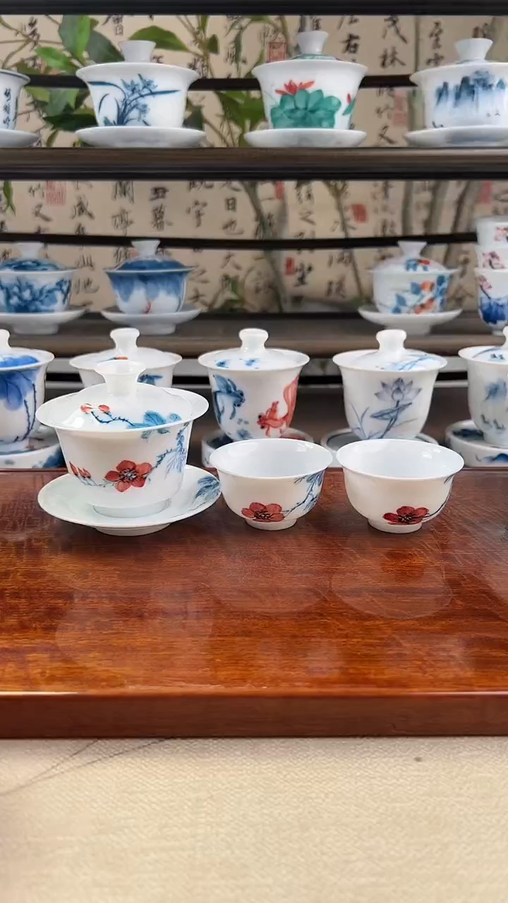 微瑕山茶花三才小马蹄盖碗+小和顺杯2个