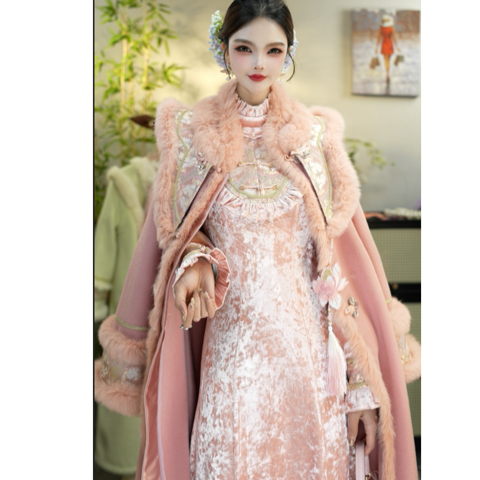 花享悦2025冬季粉色复古加绒显瘦保暖女装套装（5484+5494）