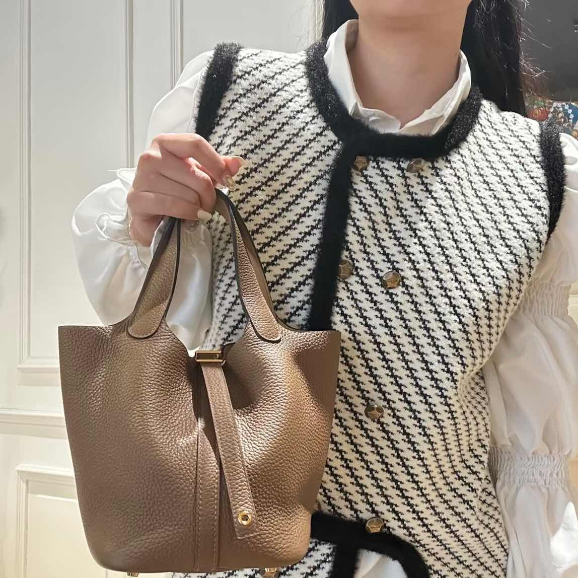 95新 Hermes/爱马仕 小花姑姑 菜篮子 栗子色 Z刻