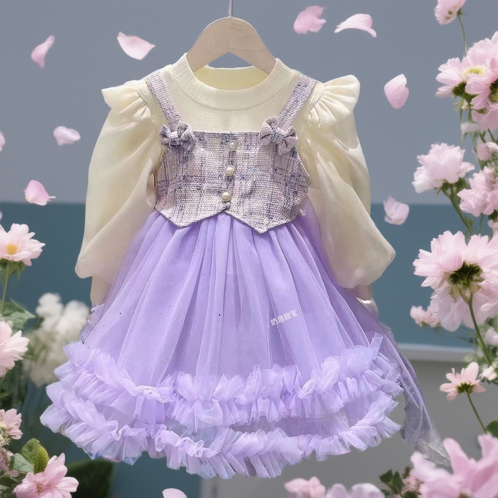【H1532紫加绒+不加绒】2025新款紫色小香风公主裙长袖网红公主裙