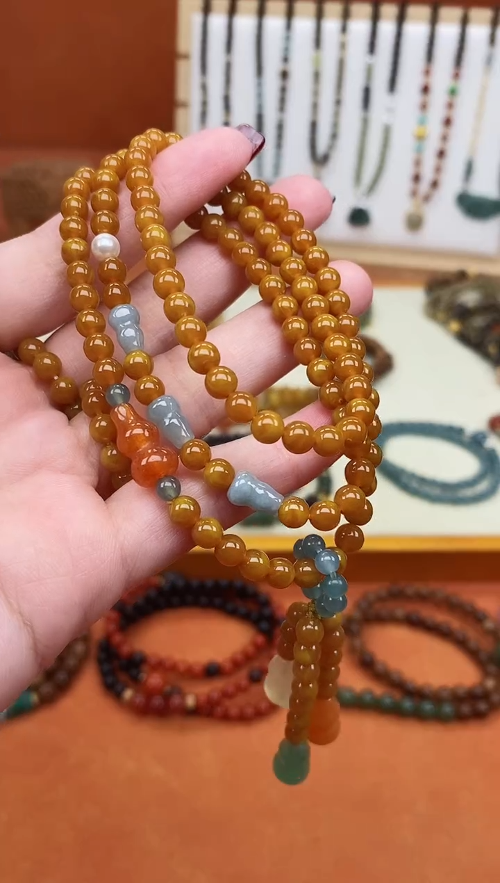 手链蜜蜡未镶嵌多圈蜜蜡蓝水葫芦手链