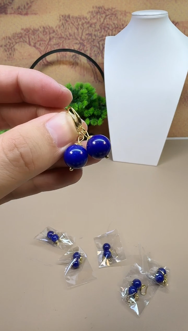 14K金镶嵌青金石耳饰E235 