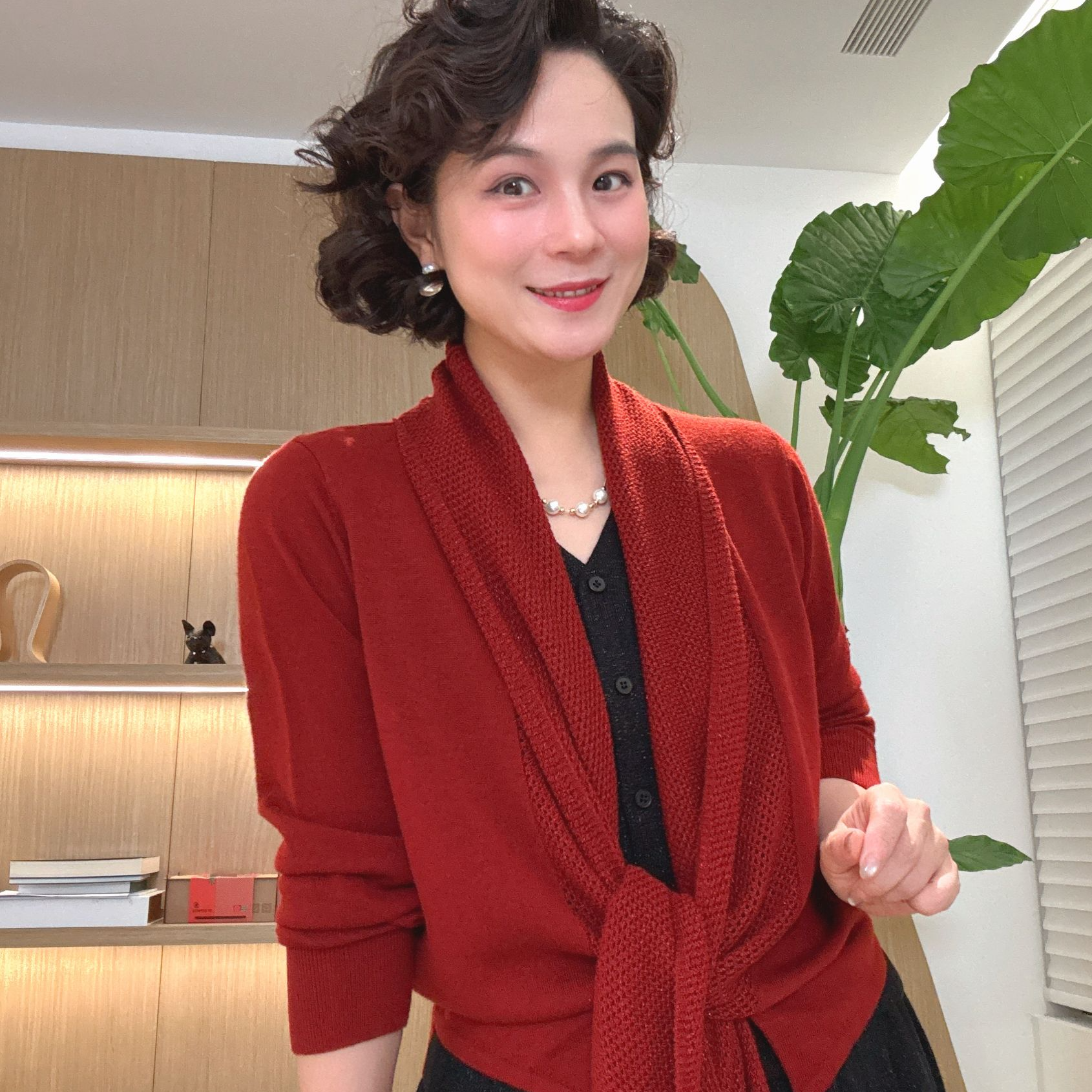 【昭华芳意】秋日长袖V领围脖款针织假两件上衣#DQ7110