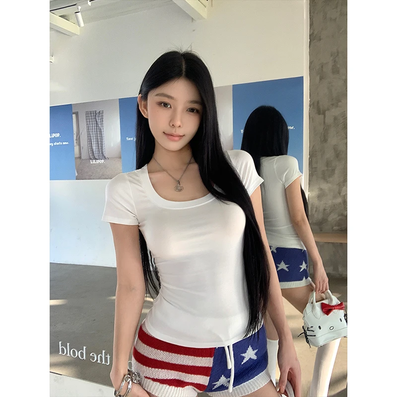 大U领正肩短袖T恤修身基础款辣妹短款上衣显瘦
