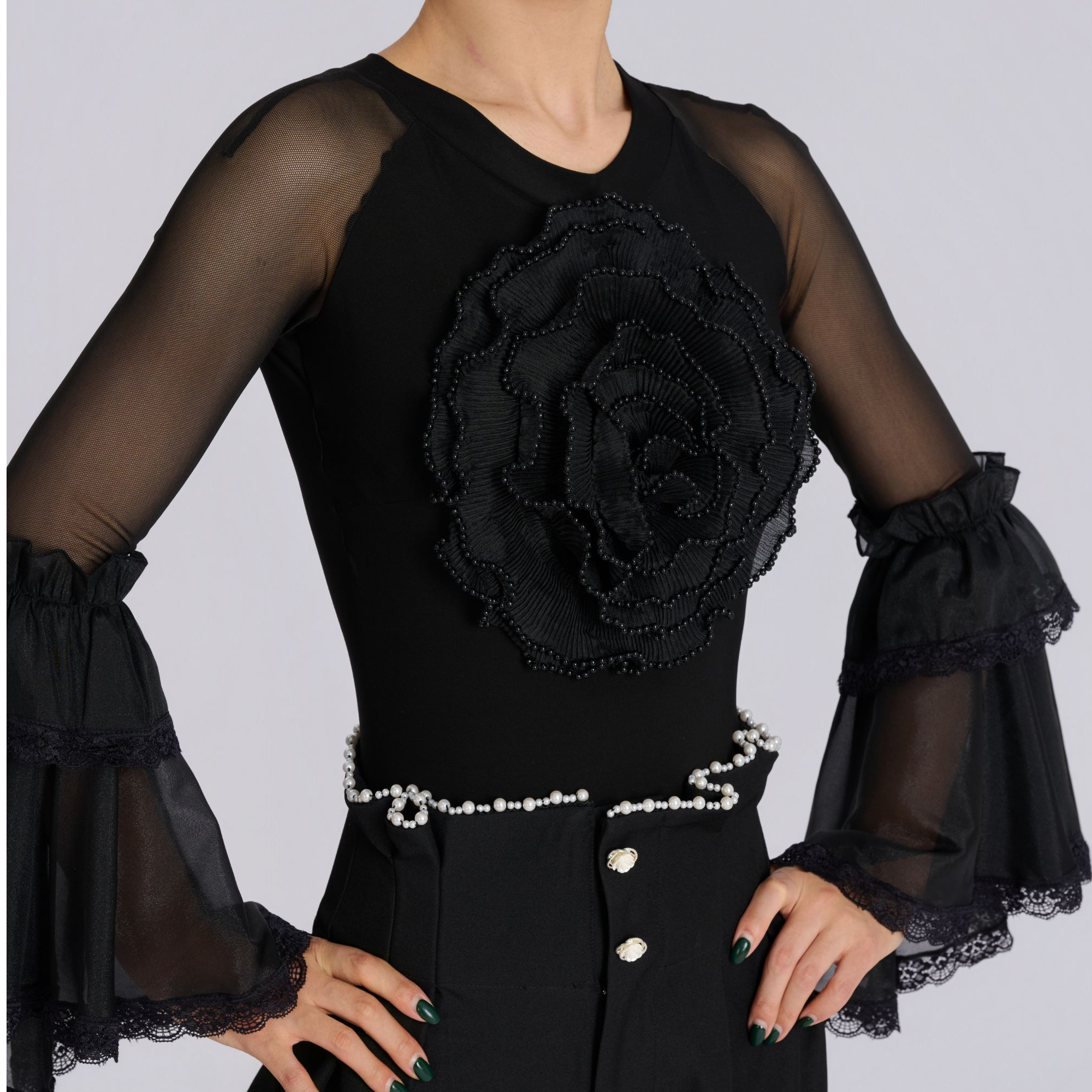 薇拉舞服冬款设计师款黑色蕾丝花朵显瘦连体摩登舞练功服