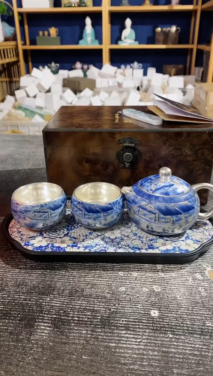 【闪购商品】其他周鸿杰清明上河图鎏银壶+2杯+青花盘