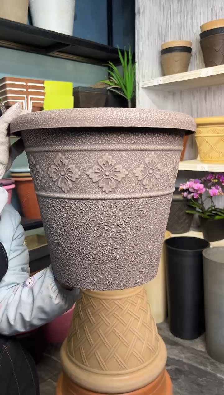 38*33/USA38-B/浅灰色手工浮雕纹理大花盆外贸尾单