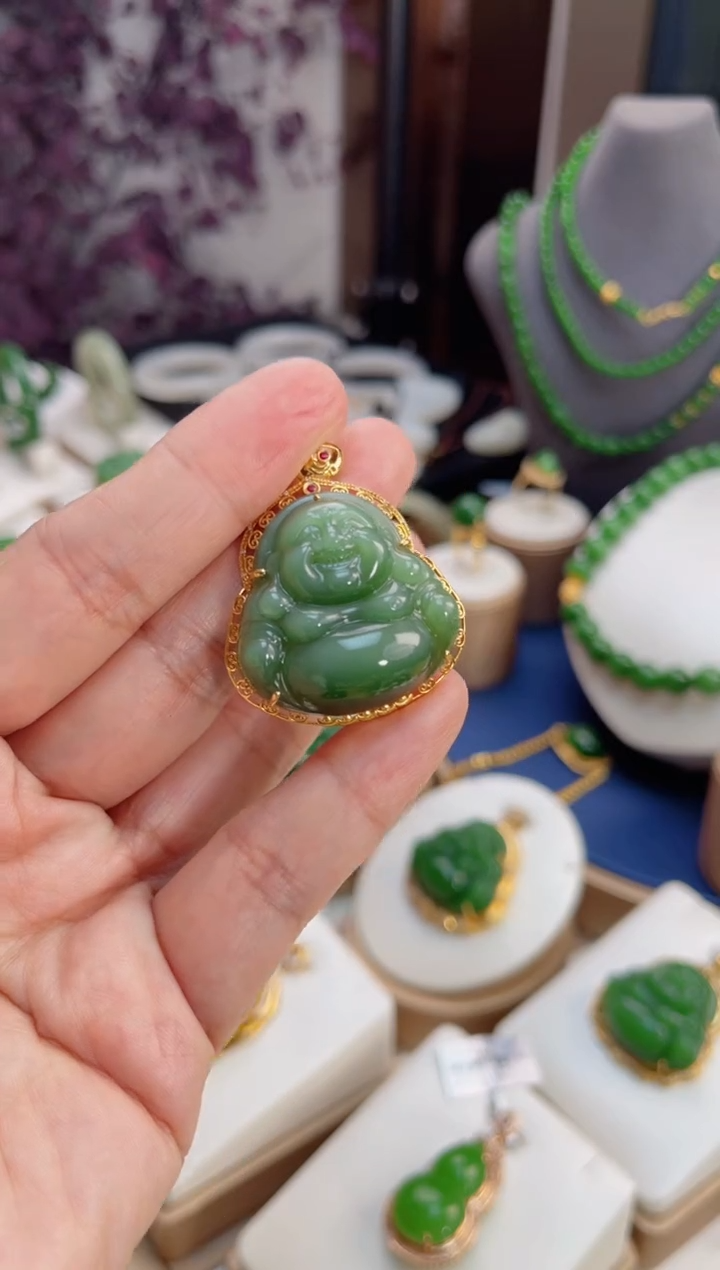 【闪购商品】和田玉吊坠18K金镶嵌猫眼 佛公