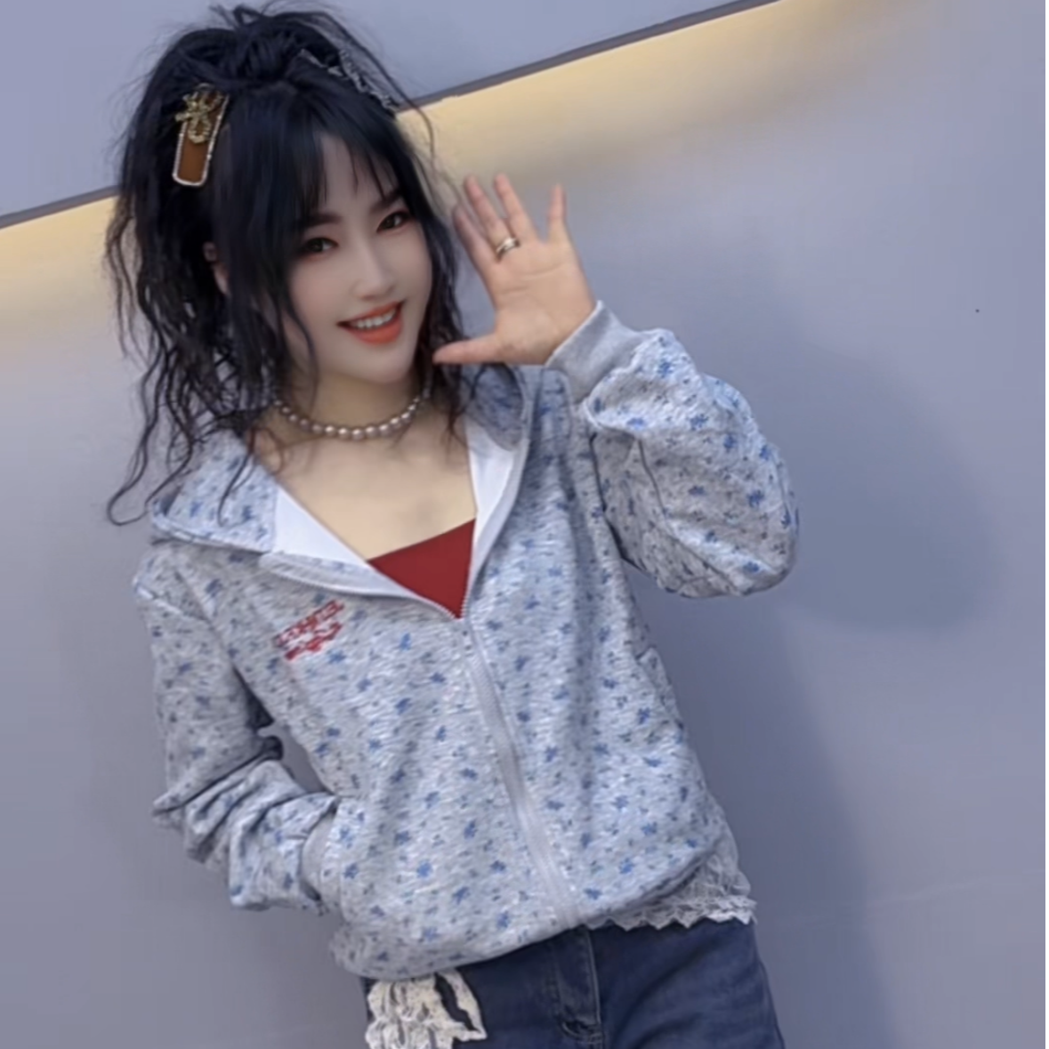 2025春秋季美式小碎花刺绣连帽卫衣开衫外套休闲上衣