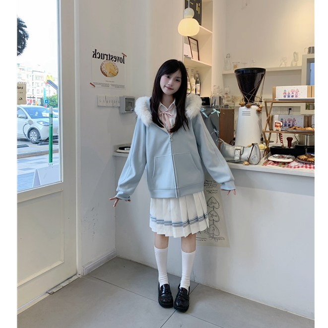 lulucake连帽衬衫开衫jk卫衣宽松日系学院风百搭毛领外套女秋冬