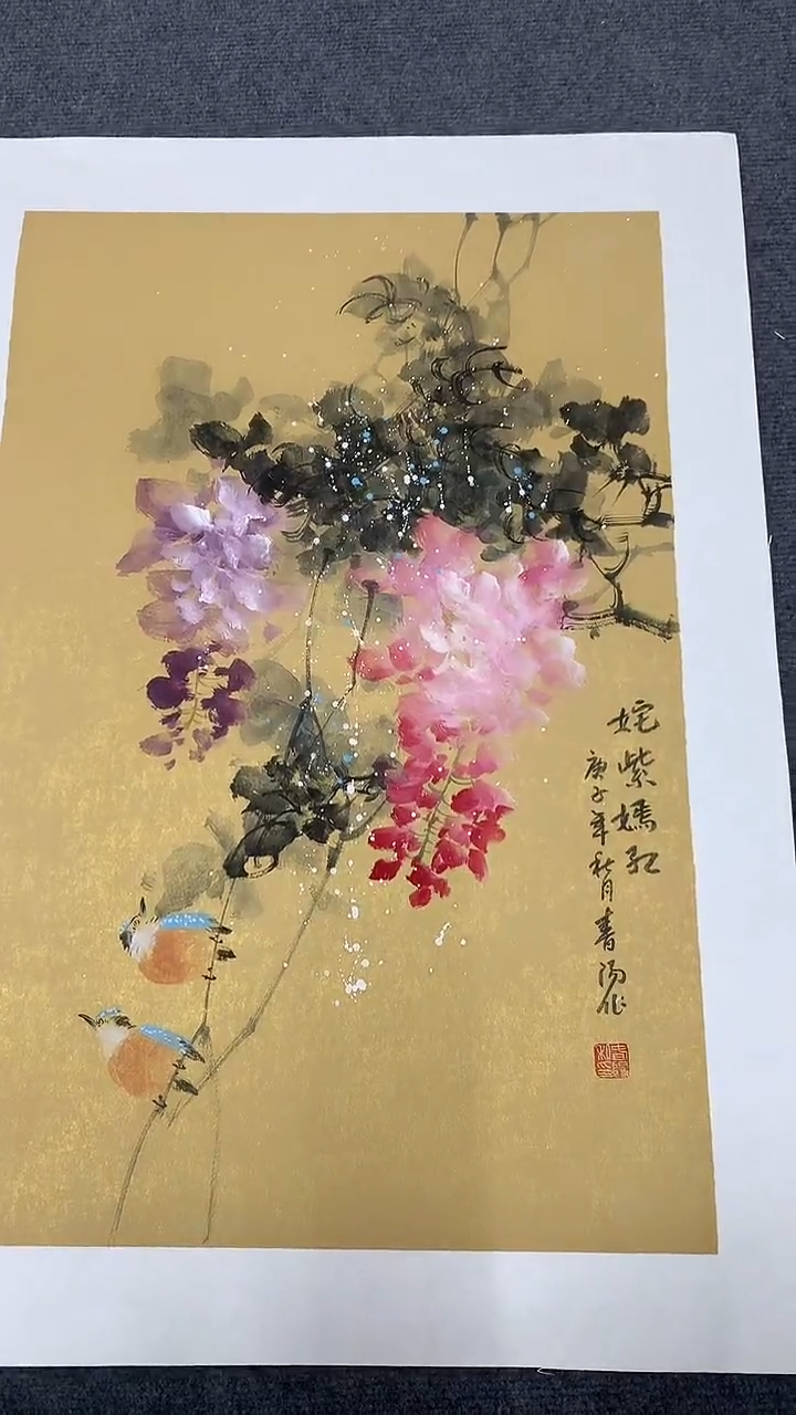 竖款精品四尺开三花鸟，姹紫嫣红
