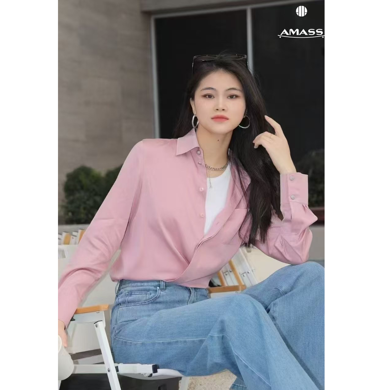AMASS/阿玛施春夏高级经典简约百搭粉色丝光感桑蚕丝衬衫女530048