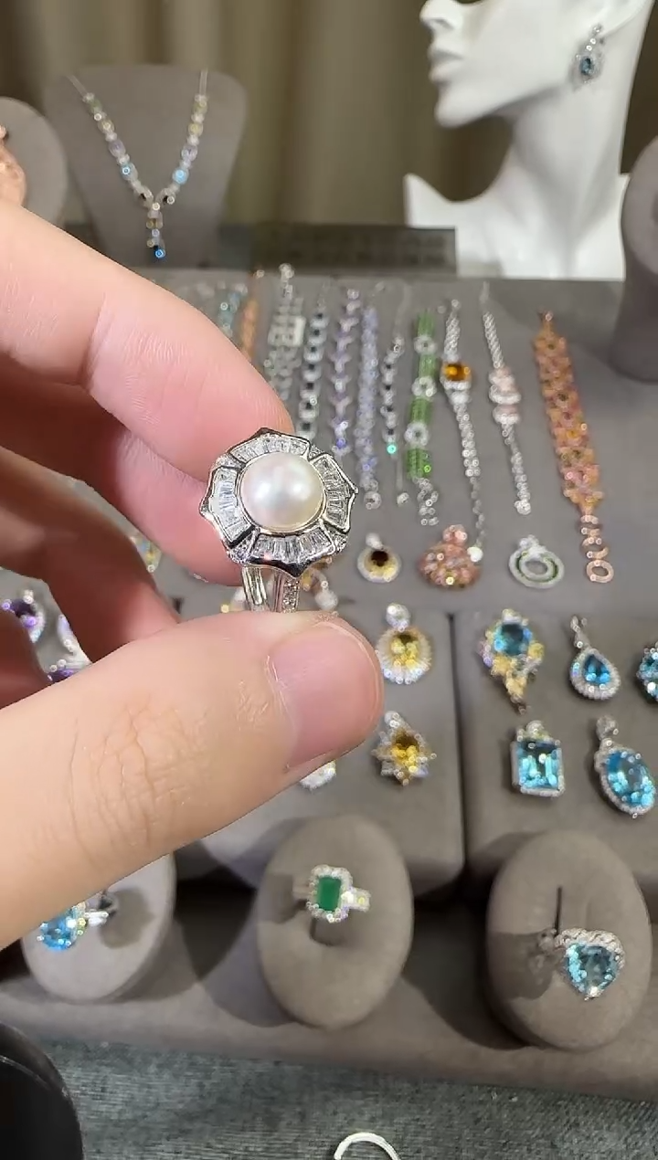 银S925镶嵌戒指淡水珍珠9mm戒指设计款