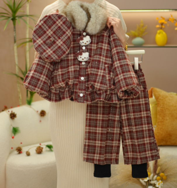 逗小铺【七尚】2025新款女童洋气毛毛领加绒加厚韩套装Q077