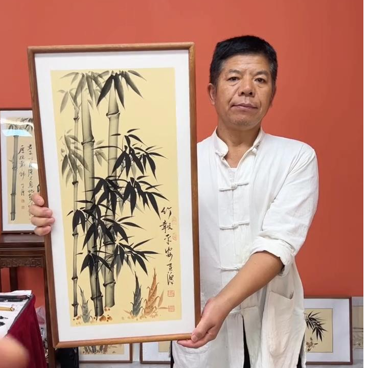张富民手绘作品/竹报平安（乌檀木实木框）（竖版）/36*69厘米左右
