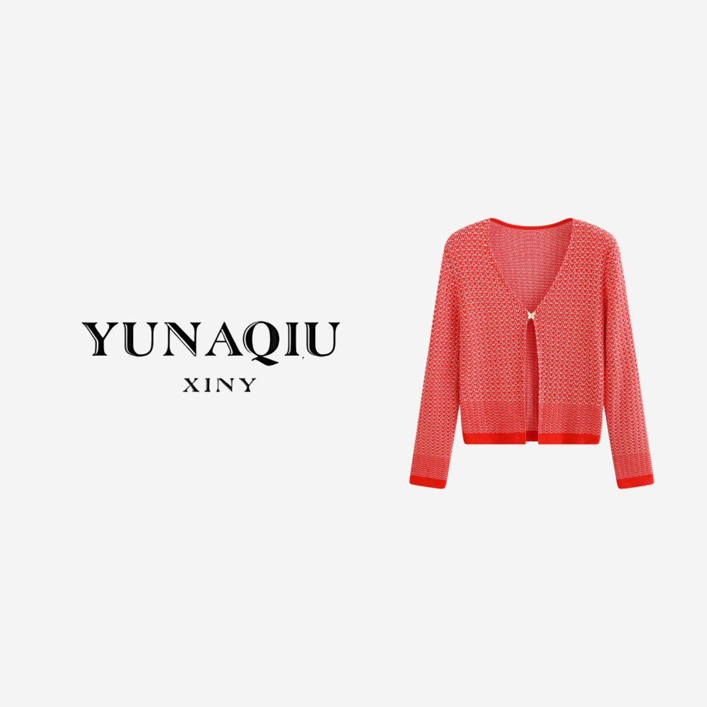 YUNAQIU春秋小香风拼色深V领长袖两件套红色针织开衫女8259