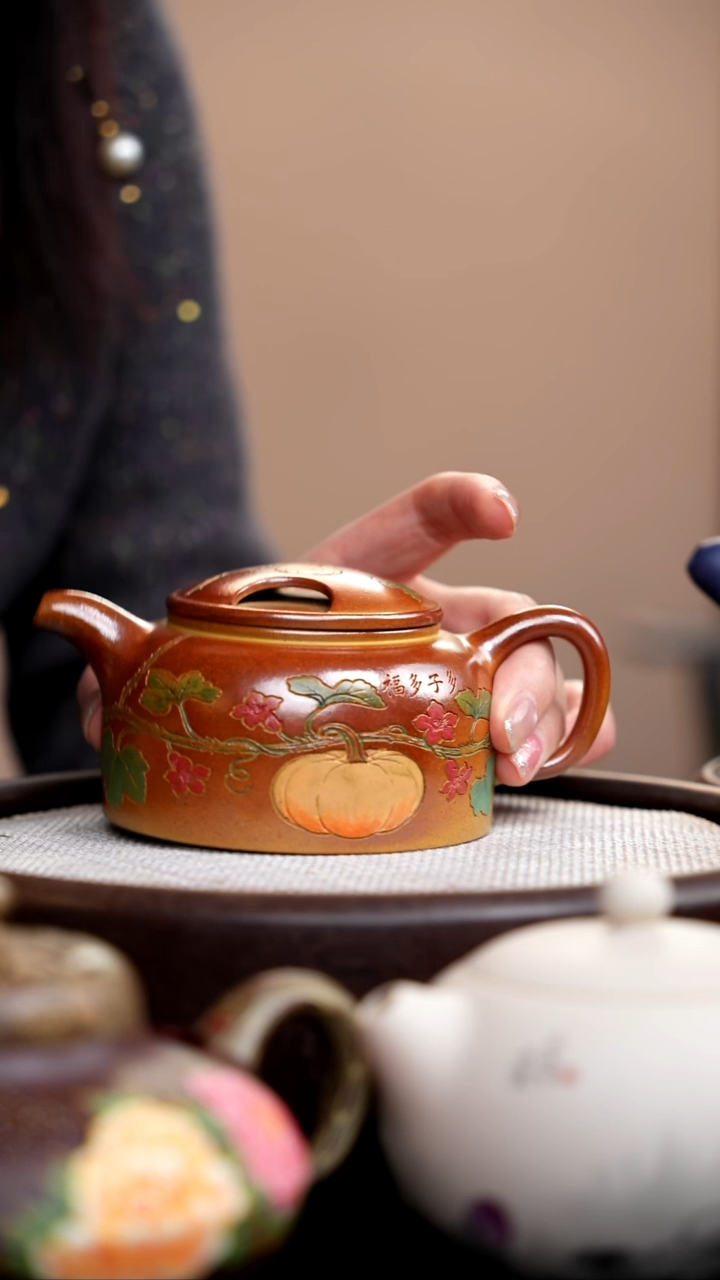 茶壶紫砂柴烧牛盖莲子泥绘南瓜