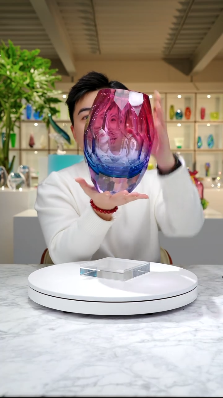 摆件金红蓝凹面设计款花器+底座
