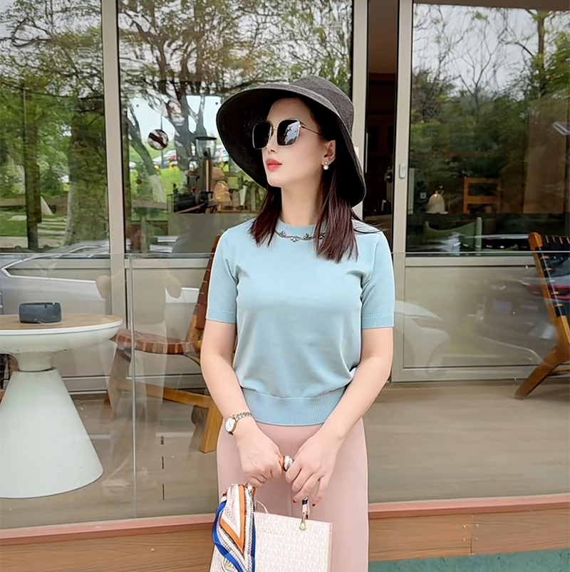  【花开富贵】 夏季黑色针织短袖上衣圆领重工水钻定珠针织显瘦修身