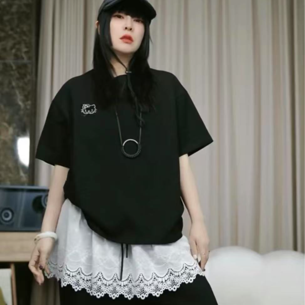 infobyfive福利春季新款小猫咪闪闪黑色钻钻短袖圆领T恤NF0502108