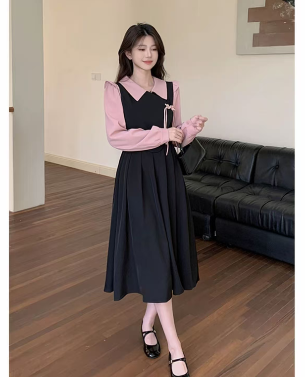 大码女装法式甜美娃娃领连衣裙女秋季胖mm假两件显瘦打底长裙1383