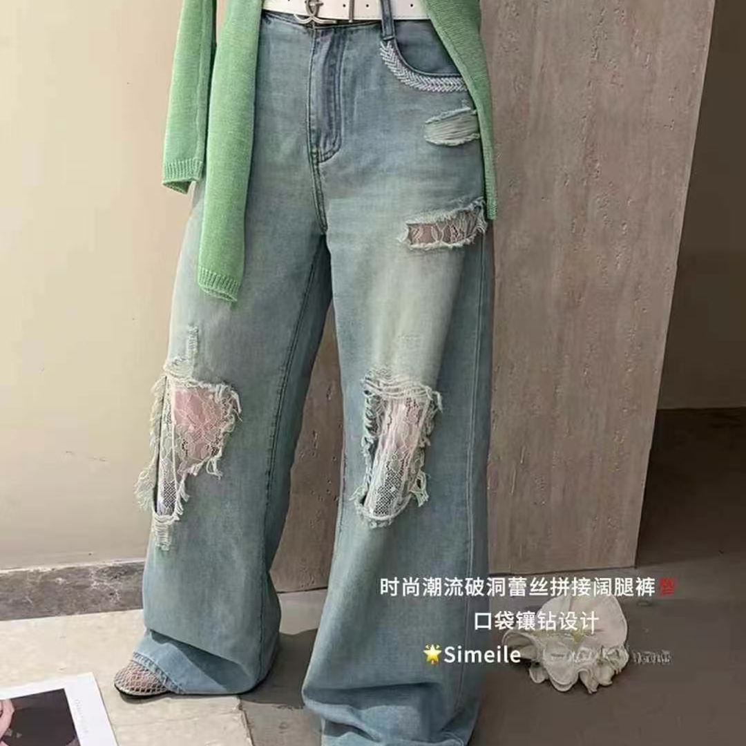 大娜小众~时尚洋气设计款潮流拼蕾丝牛仔裤