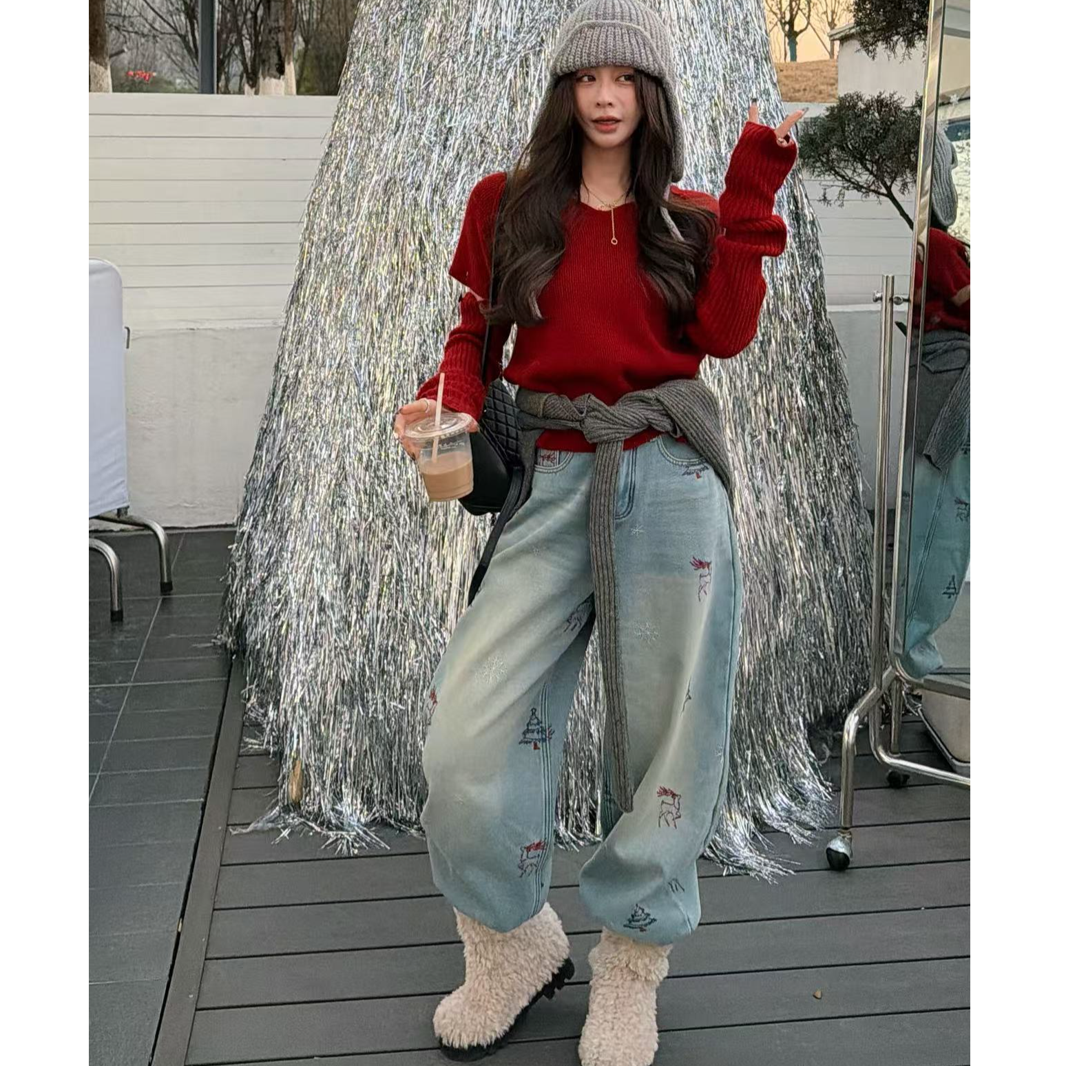 【YKL】闲庭折花 氛围感红色可拆卸袖毛衣小鹿刺绣蓝色牛仔弯刀裤